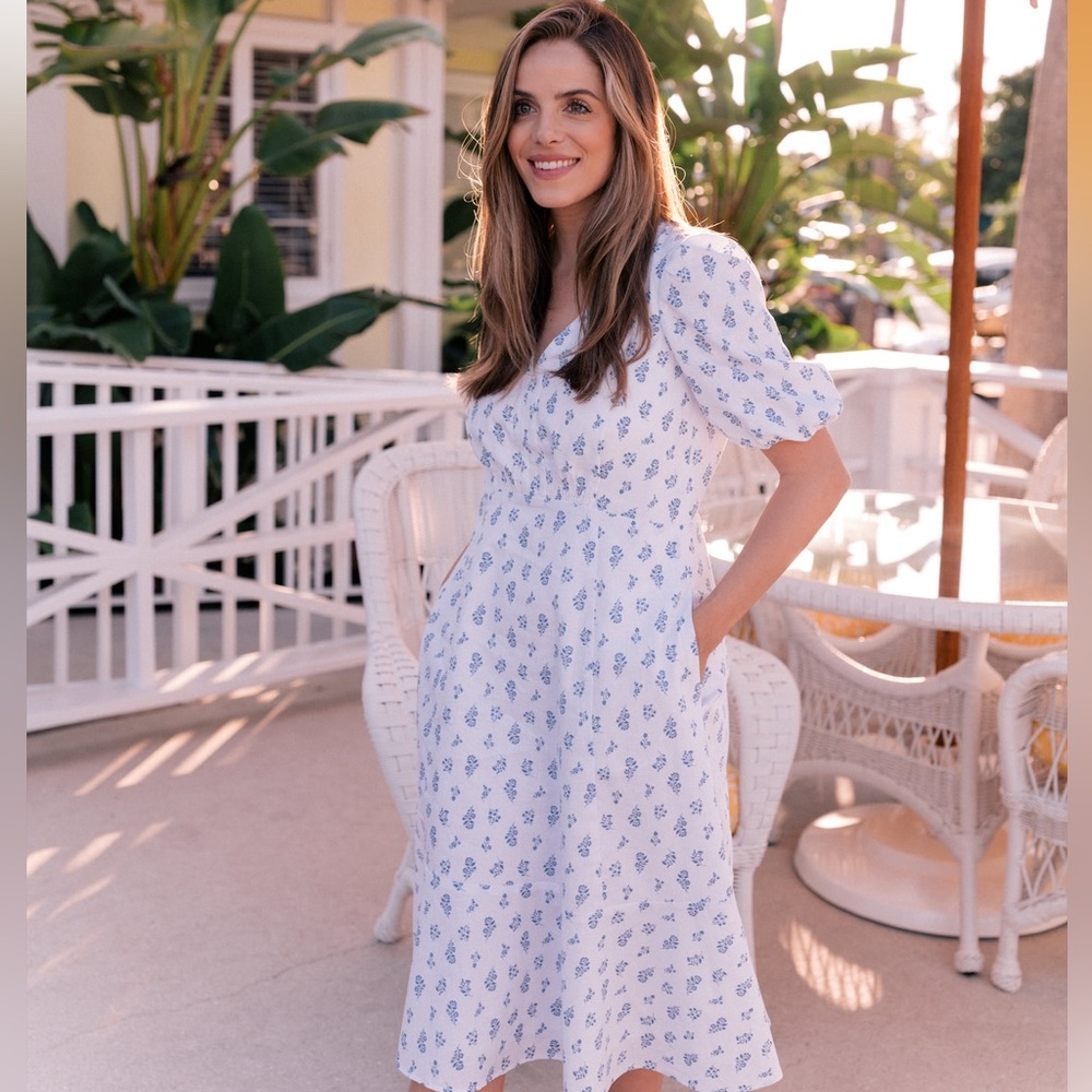 GAL MEETS GLAM Loretta Dress In Bluebird/ivory In Multi. Size 2.
